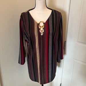 Tacera Multi-Striped V-Neck Tunic with Rings Accent - Red, Black, Cream, Gray